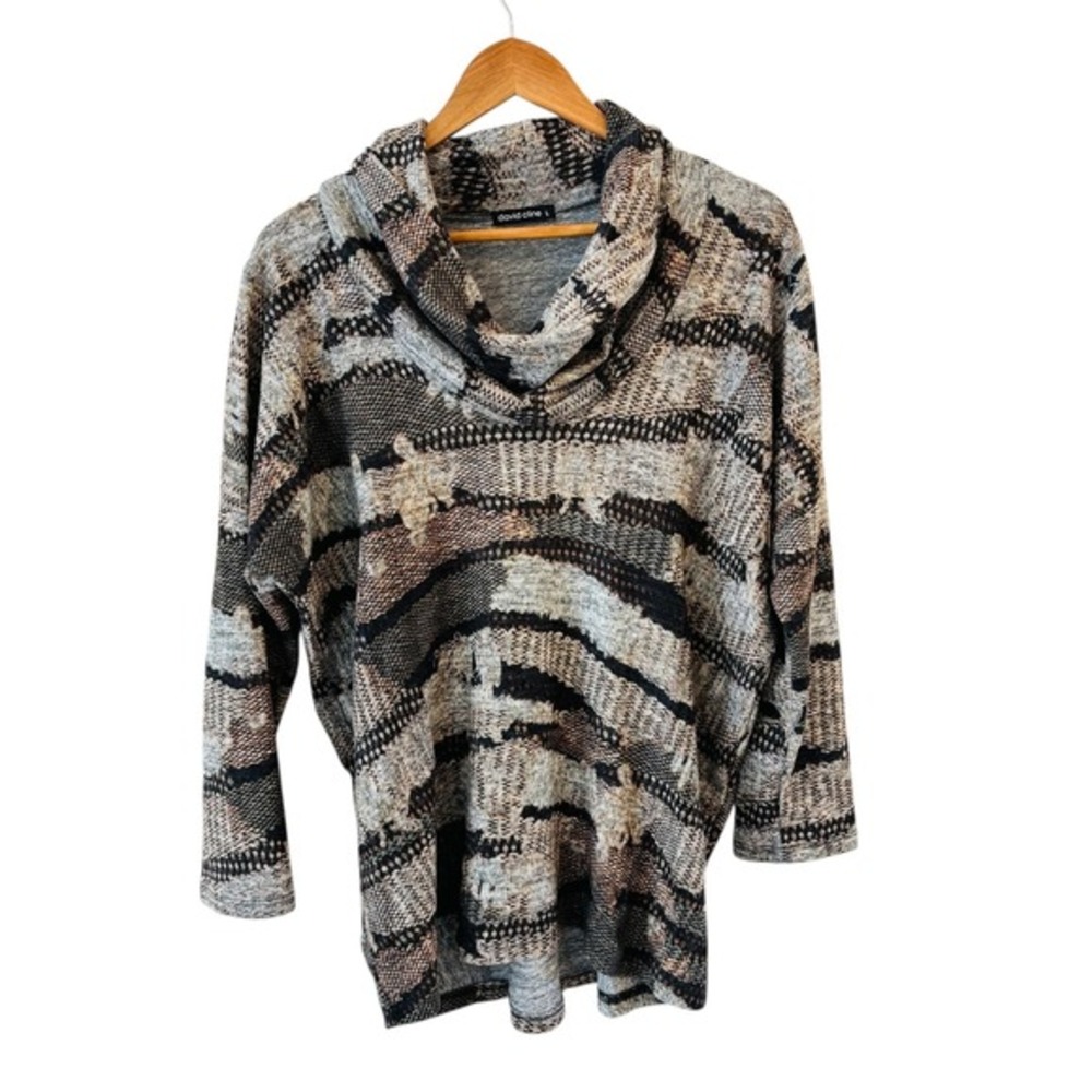 David Cline Abstract Print Cowl Neck Tunic Sweater Womens L Neutral‎ Knit